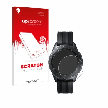 Face avant d’un emballage produit avec le logo de la marque upscreen. À côté, l’appareil Samsung Galaxy Watch (42 mm) est repr