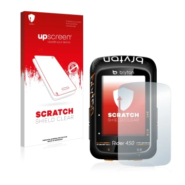 Face avant d’un emballage produit avec le logo de la marque upscreen. À côté, l’appareil Bryton Rider 450 est représenté avec 