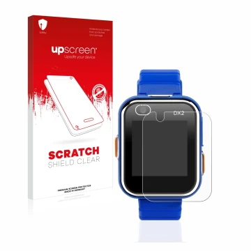 Face avant d’un emballage produit avec le logo de la marque upscreen. À côté, l’appareil Vtech Kidizoom Smart Watch DX2 est re