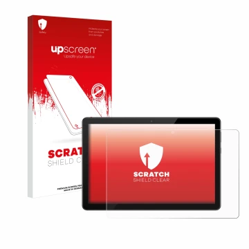 Face avant d’un emballage produit avec le logo de la marque upscreen. À côté, l’appareil Huawei MediaPad T5 10 est représenté 