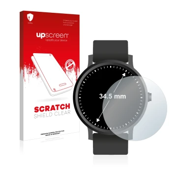Face avant d’un emballage produit avec le logo de la marque upscreen. À côté, l’appareil Montres (Circulaire, ø: 34.5 mm) est 