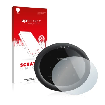 Face avant d’un emballage produit avec le logo de la marque upscreen. À côté, l’appareil Yamaha MusicCast 20 est représenté av