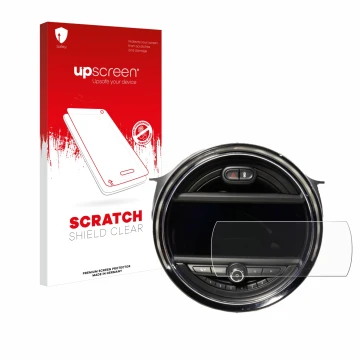 Face avant d’un emballage produit avec le logo de la marque upscreen. À côté, l’appareil Mini Cooper F56 (8.8