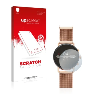 Face avant d’un emballage produit avec le logo de la marque upscreen. À côté, l’appareil Skagen Smartwatch Falster 40mm est re