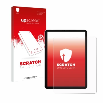 Face avant d’un emballage produit avec le logo de la marque upscreen. À côté, l’appareil Apple iPad Pro 12.9