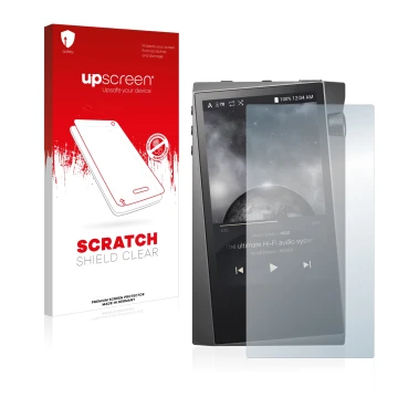 Face avant d’un emballage produit avec le logo de la marque upscreen. À côté, l’appareil Astell&Kern A&norma SR15 est représen