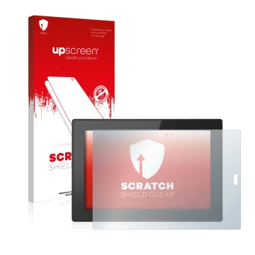 Face avant d’un emballage produit avec le logo de la marque upscreen. À côté, l’appareil Lenovo Tablet 10 (3ème Gen.) est repr