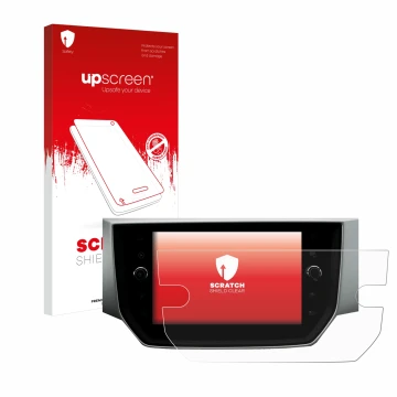 Face avant d’un emballage produit avec le logo de la marque upscreen. À côté, l’appareil Seat Ibiza Media System Pro 8