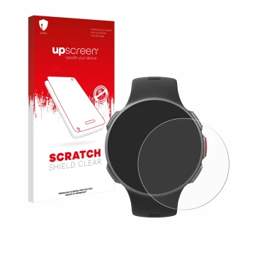 Face avant d’un emballage produit avec le logo de la marque upscreen. À côté, l’appareil Polar Vantage V est représenté avec l