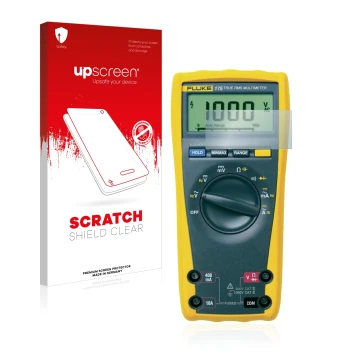 Face avant d’un emballage produit avec le logo de la marque upscreen. À côté, l’appareil Fluke MultiMeter 175 est représenté a