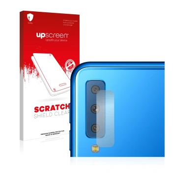 Face avant d’un emballage produit avec le logo de la marque upscreen. À côté, l’appareil Samsung Galaxy A7 2018 (Caméra UNIQUE