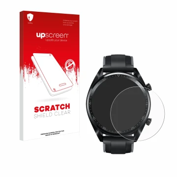 Face avant d’un emballage produit avec le logo de la marque upscreen. À côté, l’appareil Huawei Watch GT (46 mm) 2018 est repr