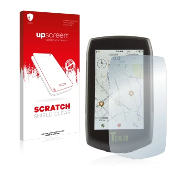 Face avant d’un emballage produit avec le logo de la marque upscreen. À côté, l’appareil A-Rival Teasi One4 est représenté ave