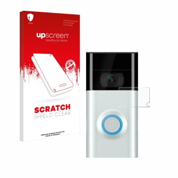 Face avant d’un emballage produit avec le logo de la marque upscreen. À côté, l’appareil Ring Doorbell 2 (Lentille) est représ