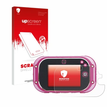 Face avant d’un emballage produit avec le logo de la marque upscreen. À côté, l’appareil Vtech Kidizoom Touch 5.0 2018 est rep