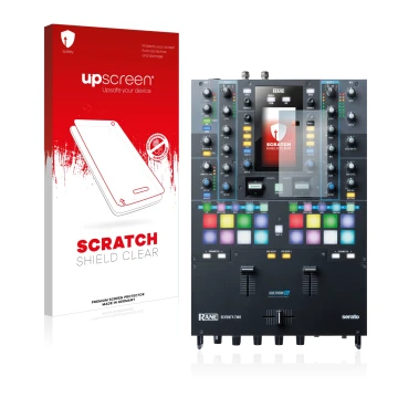Face avant d’un emballage produit avec le logo de la marque upscreen. À côté, l’appareil Rane Seventy-Two est représenté avec 