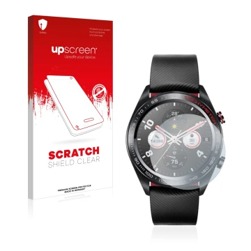 Face avant d’un emballage produit avec le logo de la marque upscreen. À côté, l’appareil Honor Watch Magic est représenté avec