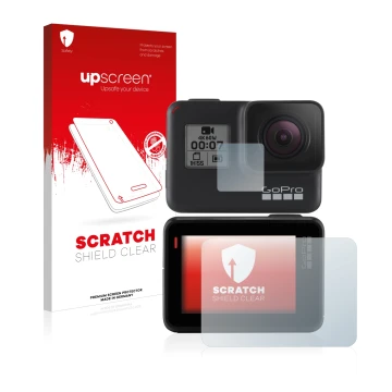 Face avant d’un emballage produit avec le logo de la marque upscreen. À côté, l’appareil GoPro Hero 7 Black est représenté ave