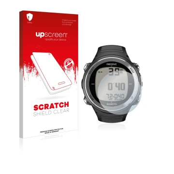 Face avant d’un emballage produit avec le logo de la marque upscreen. À côté, l’appareil Suunto D4F est représenté avec la pro