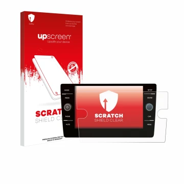 Face avant d’un emballage produit avec le logo de la marque upscreen. À côté, l’appareil Volkswagen Golf 7 2019 Discover Media