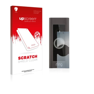 Face avant d’un emballage produit avec le logo de la marque upscreen. À côté, l’appareil Ring Video Doorbell Pro est représent