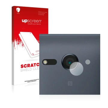 Face avant d’un emballage produit avec le logo de la marque upscreen. À côté, l’appareil Sony Xperia XZ2 Compact (Caméra UNIQU