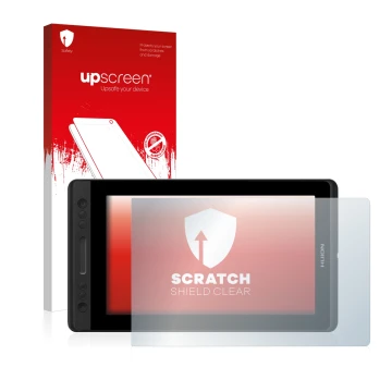 Face avant d’un emballage produit avec le logo de la marque upscreen. À côté, l’appareil Huion Kamvas Pro 13 est représenté av