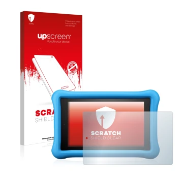 Face avant d’un emballage produit avec le logo de la marque upscreen. À côté, l’appareil Amazon Fire HD 8 Kids Edition 2018 (8