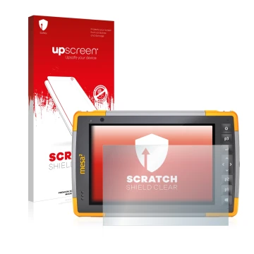 Face avant d’un emballage produit avec le logo de la marque upscreen. À côté, l’appareil Juniper Systems Mesa 2 Rugged Tablet 