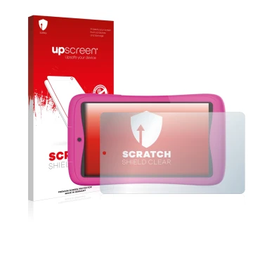 Face avant d’un emballage produit avec le logo de la marque upscreen. À côté, l’appareil Kurio Connect 7