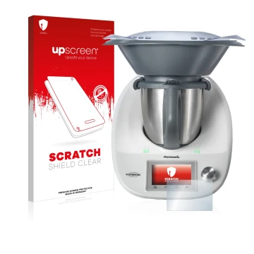 Face avant d’un emballage produit avec le logo de la marque upscreen. À côté, l’appareil Vorwerk Bimby TM5 est représenté avec