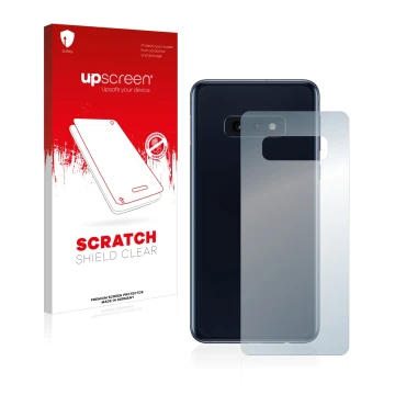 Face avant d’un emballage produit avec le logo de la marque upscreen. À côté, l’appareil Samsung Galaxy S10e (Arrière) est rep