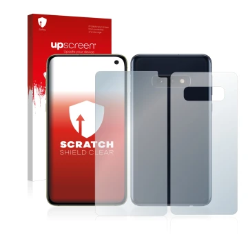Face avant d’un emballage produit avec le logo de la marque upscreen. À côté, l’appareil Samsung Galaxy S10e (Avant+Arrière) e