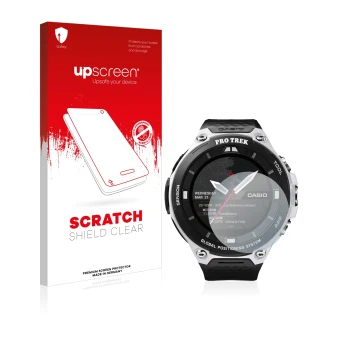 Face avant d’un emballage produit avec le logo de la marque upscreen. À côté, l’appareil Casio Pro Trek Smart WSD-F20 est repr