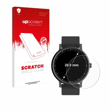 Face avant d’un emballage produit avec le logo de la marque upscreen. À côté, l’appareil Circulaire Displays (ø: 20 mm) est re