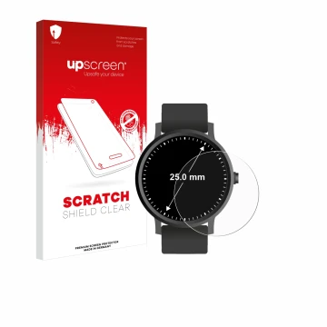 Face avant d’un emballage produit avec le logo de la marque upscreen. À côté, l’appareil Circulaire Displays (ø: 25 mm) est re