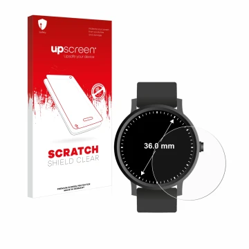 Face avant d’un emballage produit avec le logo de la marque upscreen. À côté, l’appareil Circulaire Displays (ø: 36 mm) est re