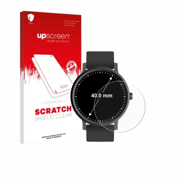 Face avant d’un emballage produit avec le logo de la marque upscreen. À côté, l’appareil Circulaire Displays (ø: 40 mm) est re