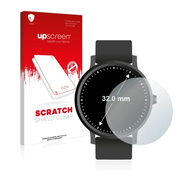 Face avant d’un emballage produit avec le logo de la marque upscreen. À côté, l’appareil Circulaire Displays (ø: 32 mm) est re