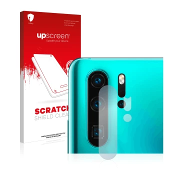 Face avant d’un emballage produit avec le logo de la marque upscreen. À côté, l’appareil Huawei P30 Pro (Caméra UNIQUEMENT) es