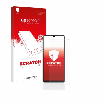 Face avant d’un emballage produit avec le logo de la marque upscreen. À côté, l’appareil Huawei P30 est représenté avec la pro