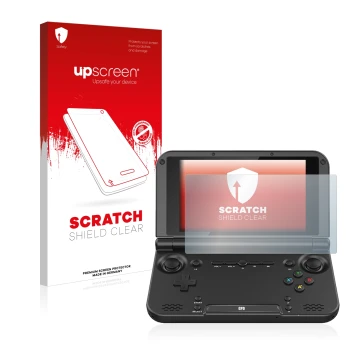 Face avant d’un emballage produit avec le logo de la marque upscreen. À côté, l’appareil GPD XD Plus 7.0 est représenté avec l