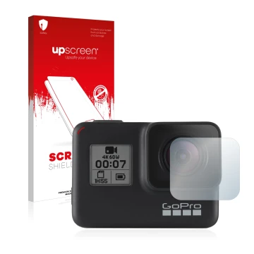 Face avant d’un emballage produit avec le logo de la marque upscreen. À côté, l’appareil GoPro Hero 7 Black (Lentille) est rep