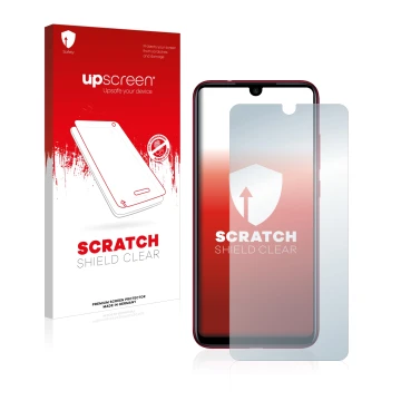 Face avant d’un emballage produit avec le logo de la marque upscreen. À côté, l’appareil Xiaomi Redmi Note 7 est représenté av