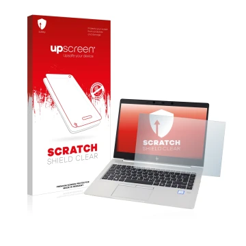 Face avant d’un emballage produit avec le logo de la marque upscreen. À côté, l’appareil HP EliteBook 830 G5 Non-Touch est rep