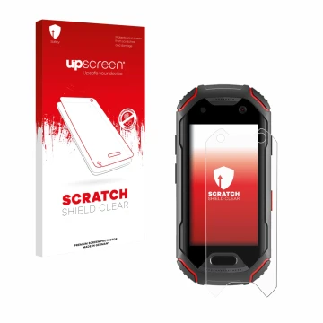 Face avant d’un emballage produit avec le logo de la marque upscreen. À côté, l’appareil Unihertz Atom est représenté avec la 