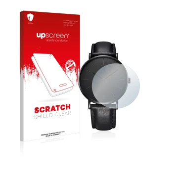 Face avant d’un emballage produit avec le logo de la marque upscreen. À côté, l’appareil Alienwork IK Montre (36 mm) est repré