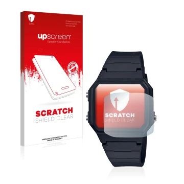 Face avant d’un emballage produit avec le logo de la marque upscreen. À côté, l’appareil Casio Unisex A168WA-1YES est représen