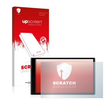 Face avant d’un emballage produit avec le logo de la marque upscreen. À côté, l’appareil Garmin DriveSmart 65 est représenté a