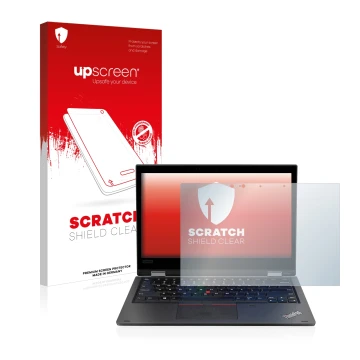 Face avant d’un emballage produit avec le logo de la marque upscreen. À côté, l’appareil Lenovo ThinkPad L390 Yoga est représe